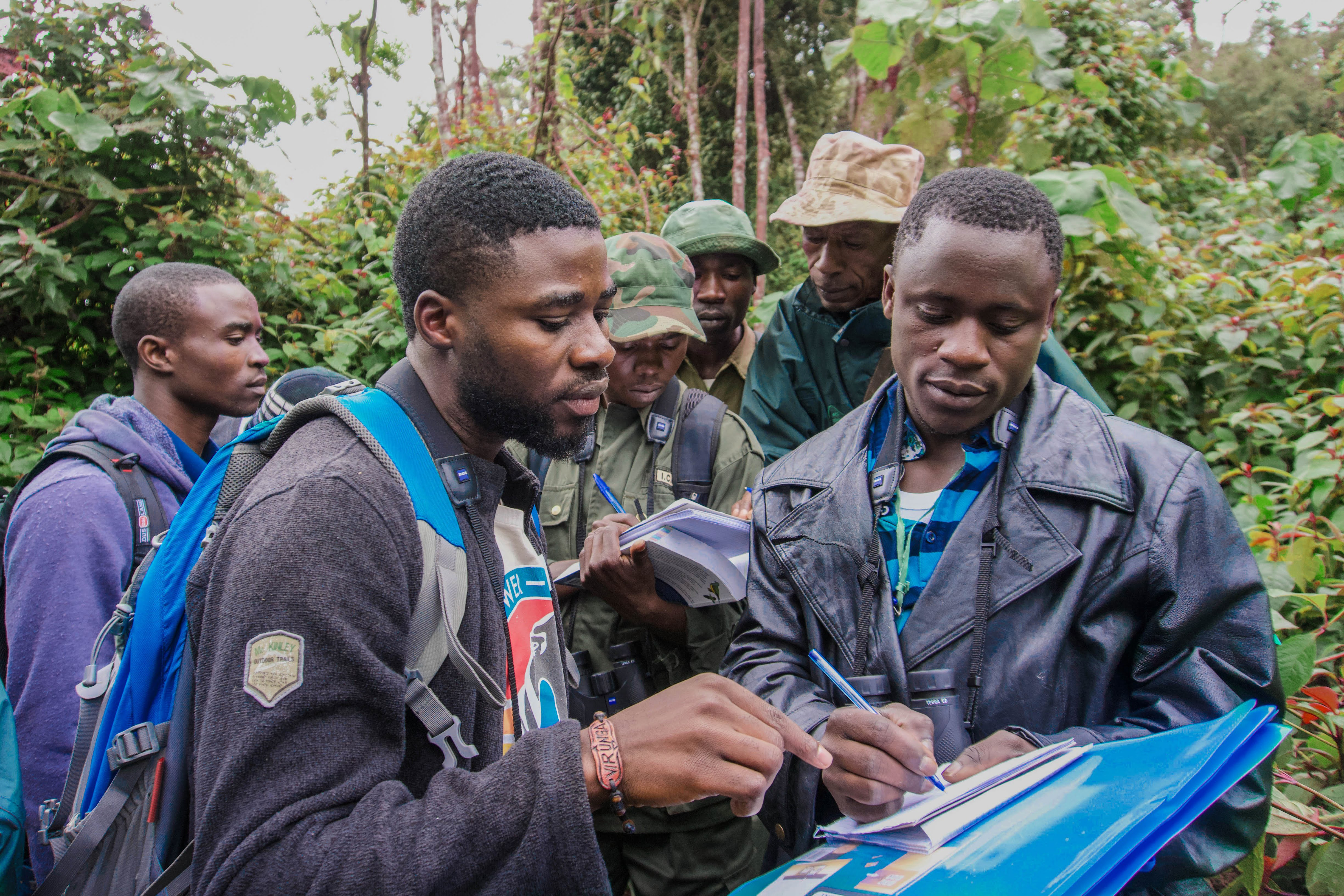 ICCN staff and ecoguards practice their bird identification skills at a training facilitated by the U.S. Forest Service in Kahuzi-Biega. (Photo by Olivia Freeman/U.S. Forest Service International Programs)