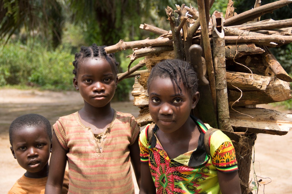 Children collect fuelwood in Mpaha, DRC. In a country with crumbling infrastructure and a limited power grid, trees provide the main source of cooking fuel for millions of people. (Photo by Molly Bergen/WCS, WWF, WRI)
